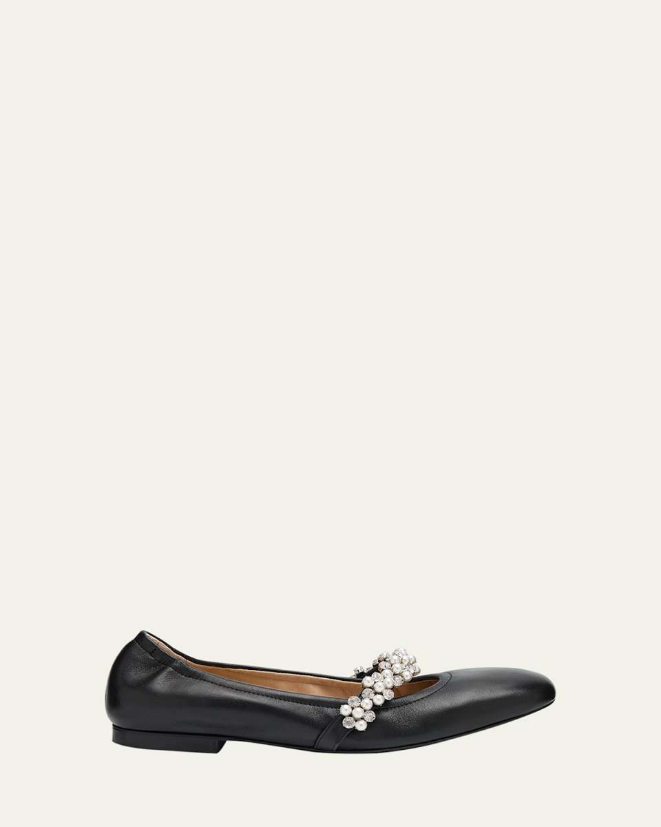 Poppy Leather Embellished Mary Jane Ballerina Flats